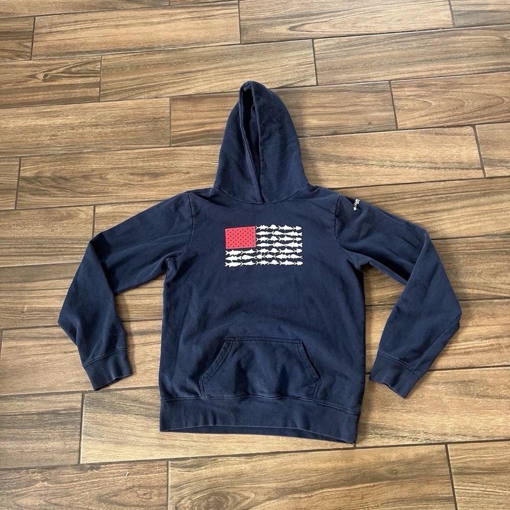 Columbia PFG Fish Flag Hoodie Navy Blue Pullover Sweatshirt Womens XL